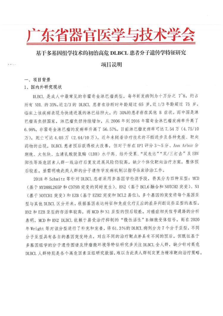 项目说明-基于多基因组学技术的初治高危DLBCL患者分子遗传学特征研究