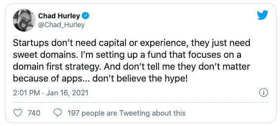 最大视频平台YouTube创始人赫尔利:对于初创企业,好域名胜过资金或经验 最大视频平台YouTube创始人赫尔利:对于初创企业,好域名胜过资金或经验